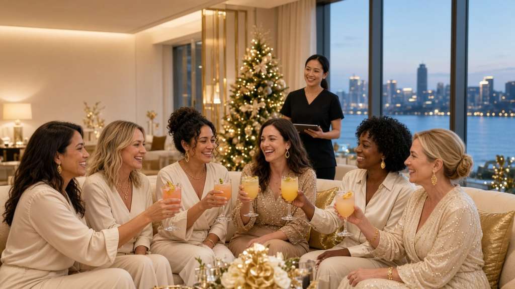 Botox in Kirkland, WA | Templum Aesthetics & Wellness 135 Group of women toasting at a holiday Botox party in a lake-view lounge, with a provider in black scrubs.