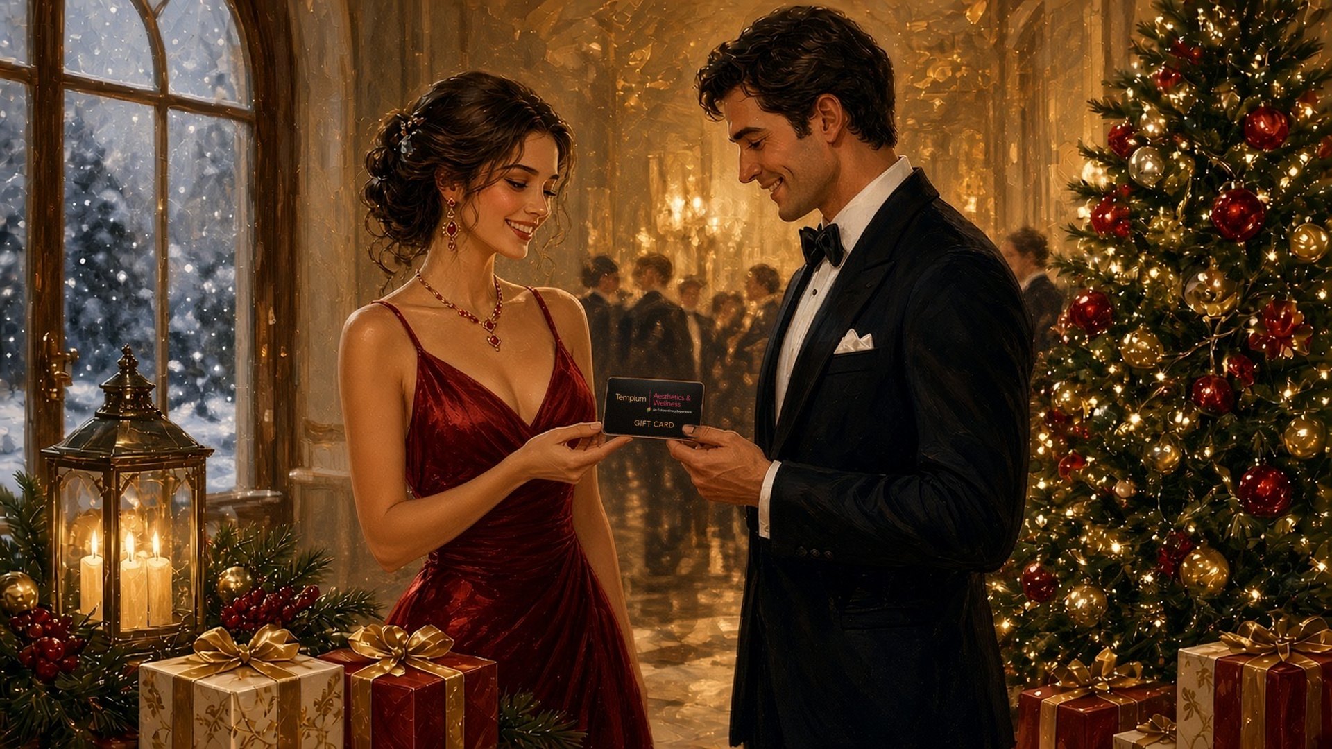 Happy couple at a festive holiday party, the man handing the woman a Templum Aesthetics & Wellness gift card