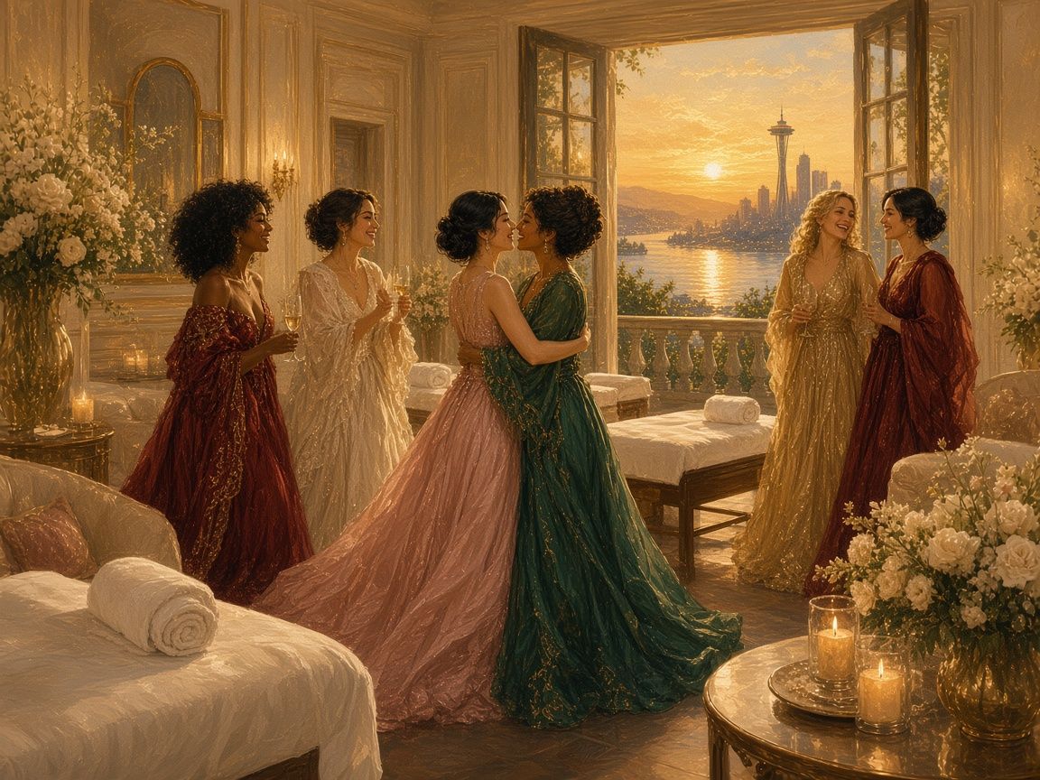 Women arriving at a private event at Templum Aesthetics & Wellness, greeting each other with hugs