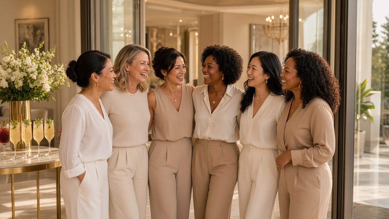 Six smiling women in neutral outfits greeting each other arm in arm beside a table of mocktails and white flowers