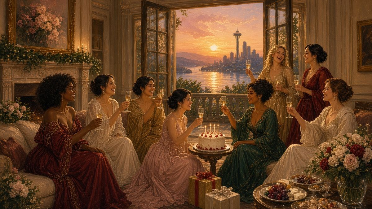 A group toast on the balcony overlooking Lake Washington and Seattle at dusk