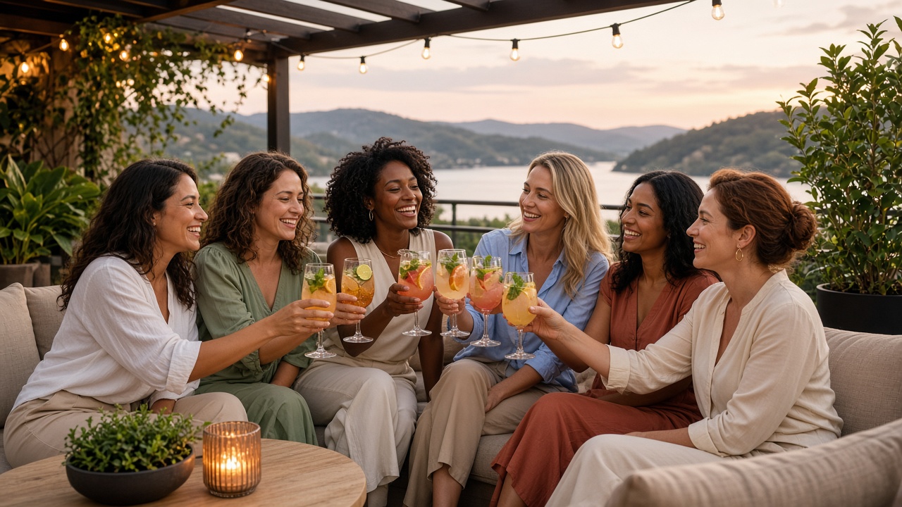 Six women toasting with fruit mocktails on a balcony lounge under string lights, with a lake and hills at dusk