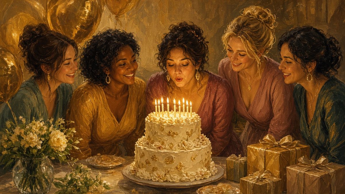 Private Events 4 Friends gathered around a birthday cake with lit candles