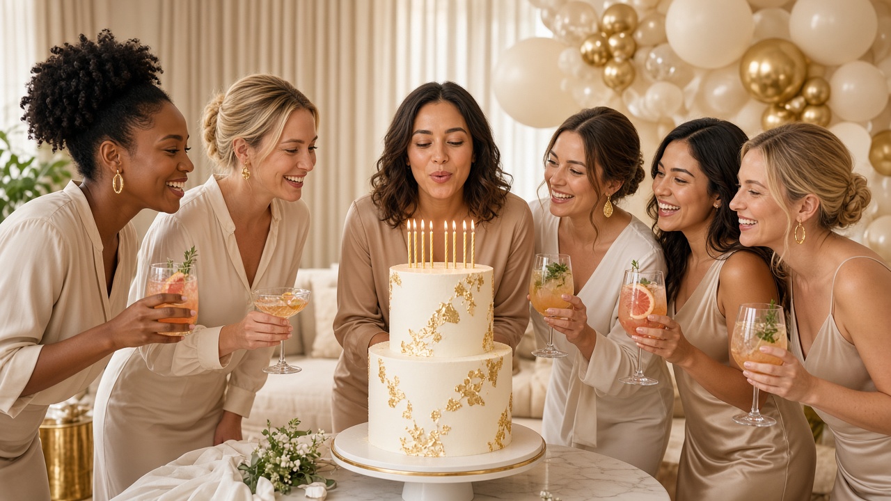 Woman blowing out candles on a white and gold cake as friends with mocktails smile at a birthday party