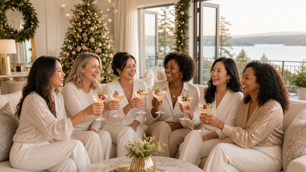 Six smiling women in cream and gold outfits toasting with mocktails on a sofa beside a decorated holiday tree, with a water view through open doors