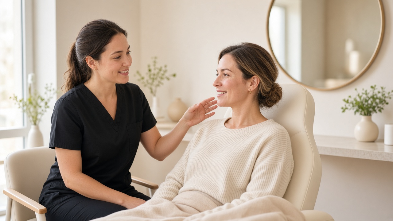 A provider in black scrubs talking with a smiling client seated in a cream treatment chair