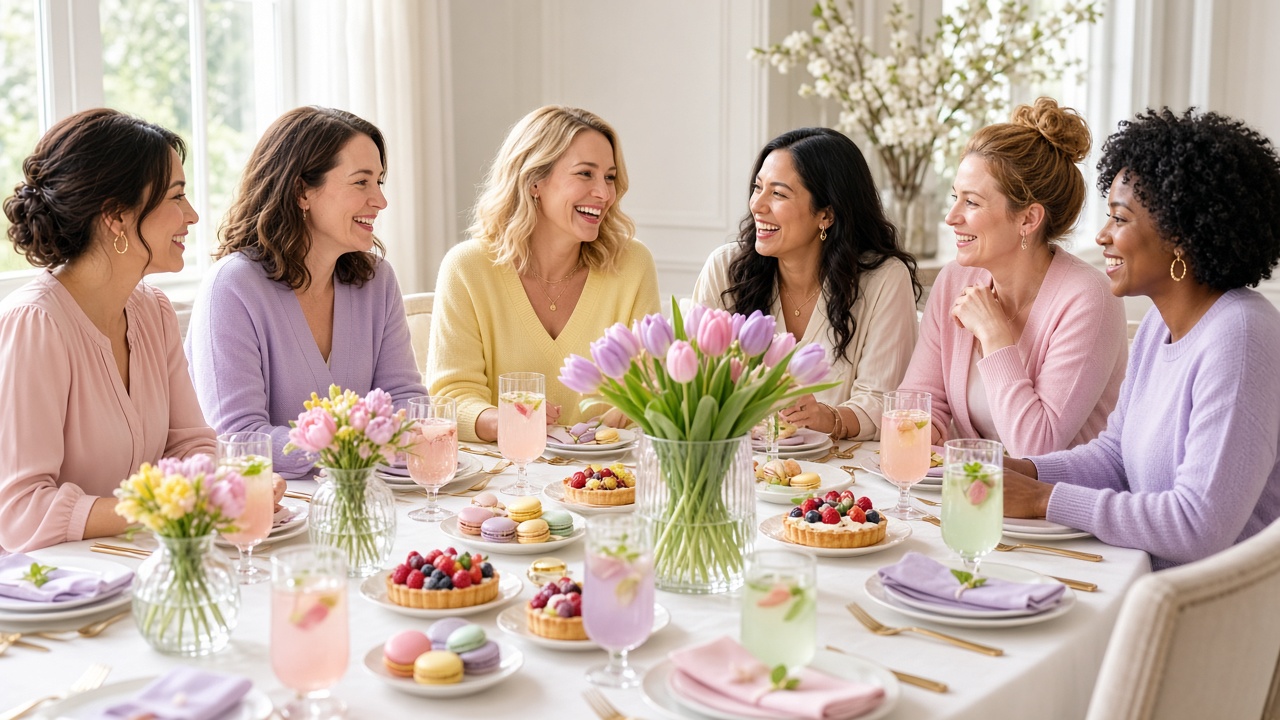 Six women in pastel sweaters at a brunch table with tulips, macarons and pastel drinks at an Easter party