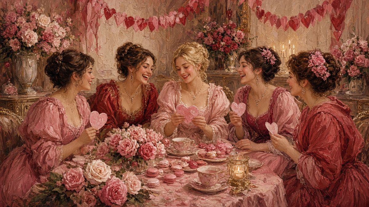 Private Events 3 Friends celebrating Galentine's with pink and red roses and heart garlands