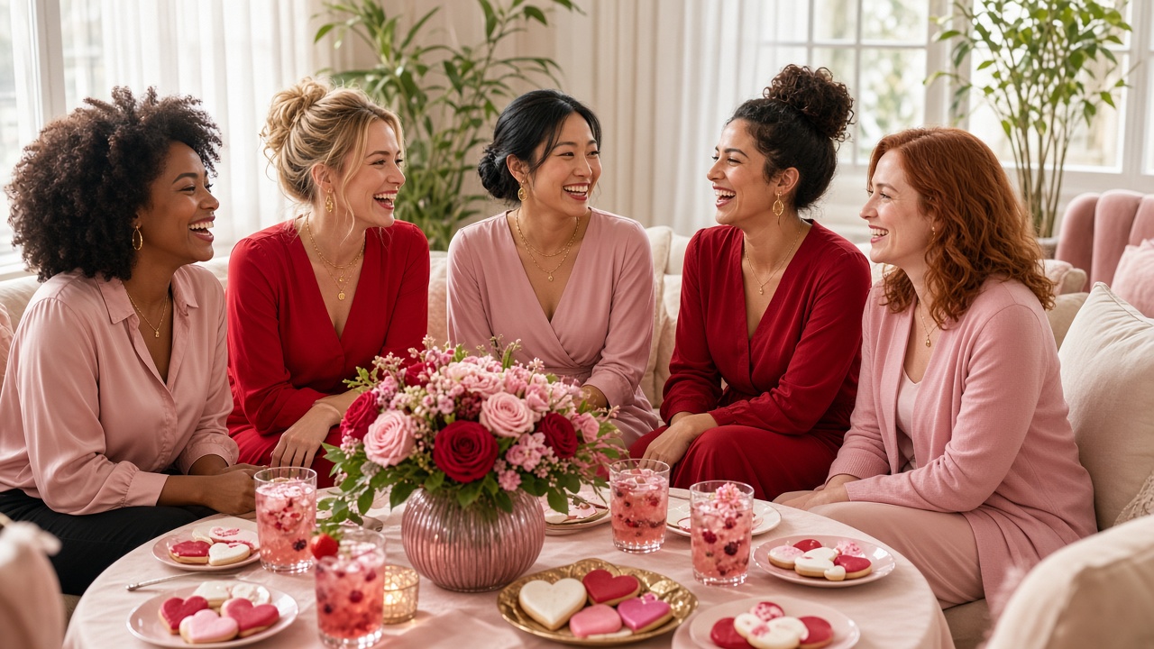 Five women in pink and red laughing around roses, heart cookies and pink mocktails at a Galentine's party