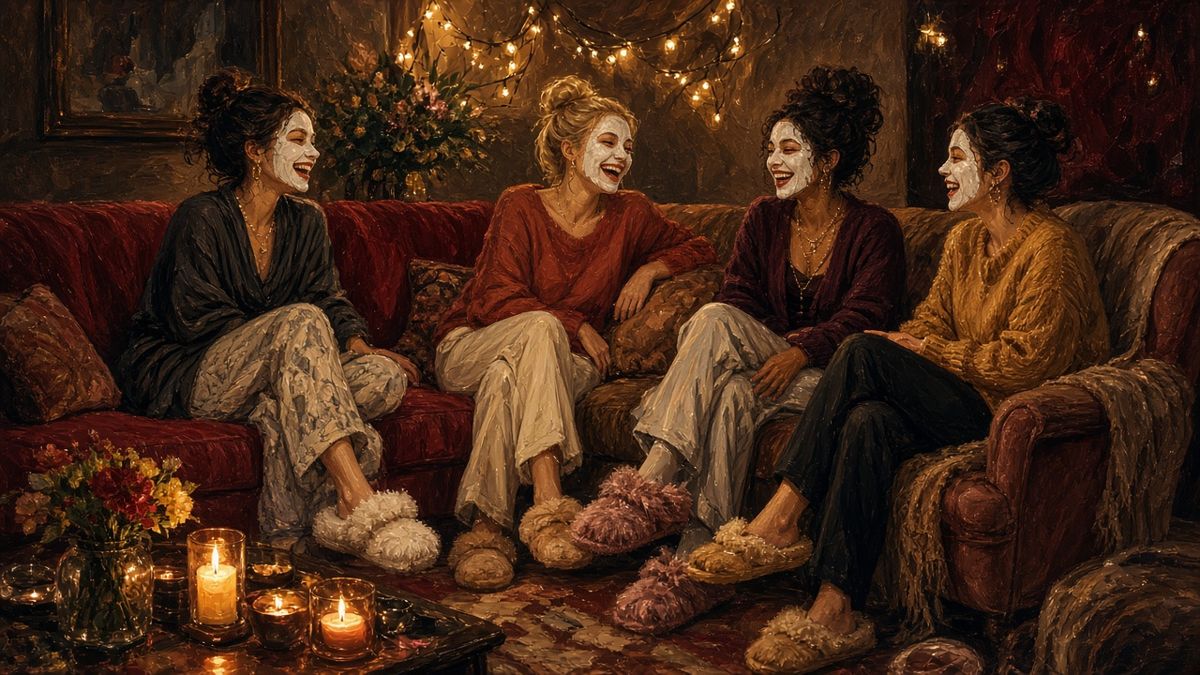 Private Events 5 Friends laughing on the sofa at a girls' night with face masks and slippers