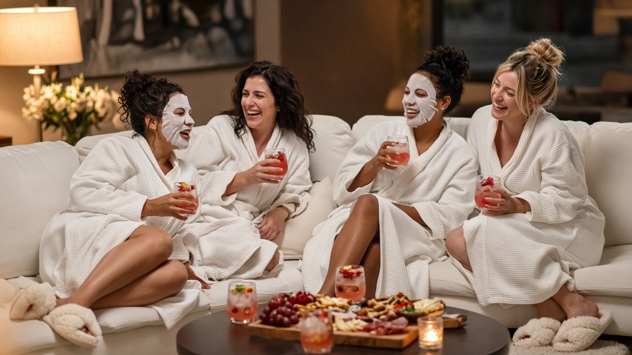 Four women in white robes laughing on a sofa, two in sheet masks, with mocktails at a girls' night party
