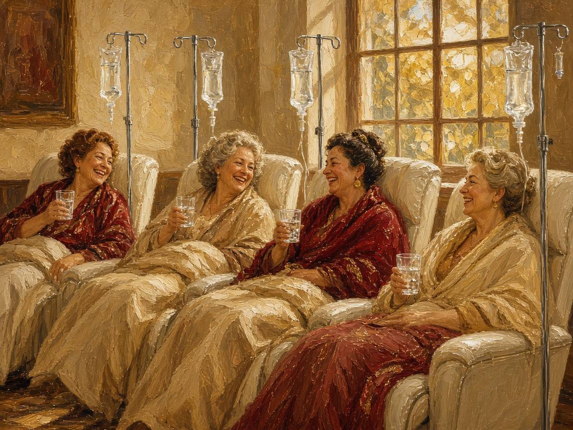 Smiling guests relaxing in comfortable treatment chairs beside IV stands