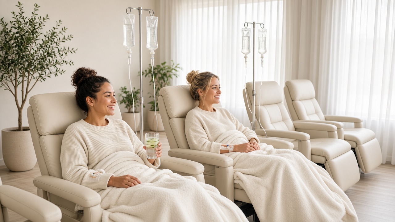 Two smiling women wrapped in blankets relaxing in ivory recliners with IV drips in a bright room