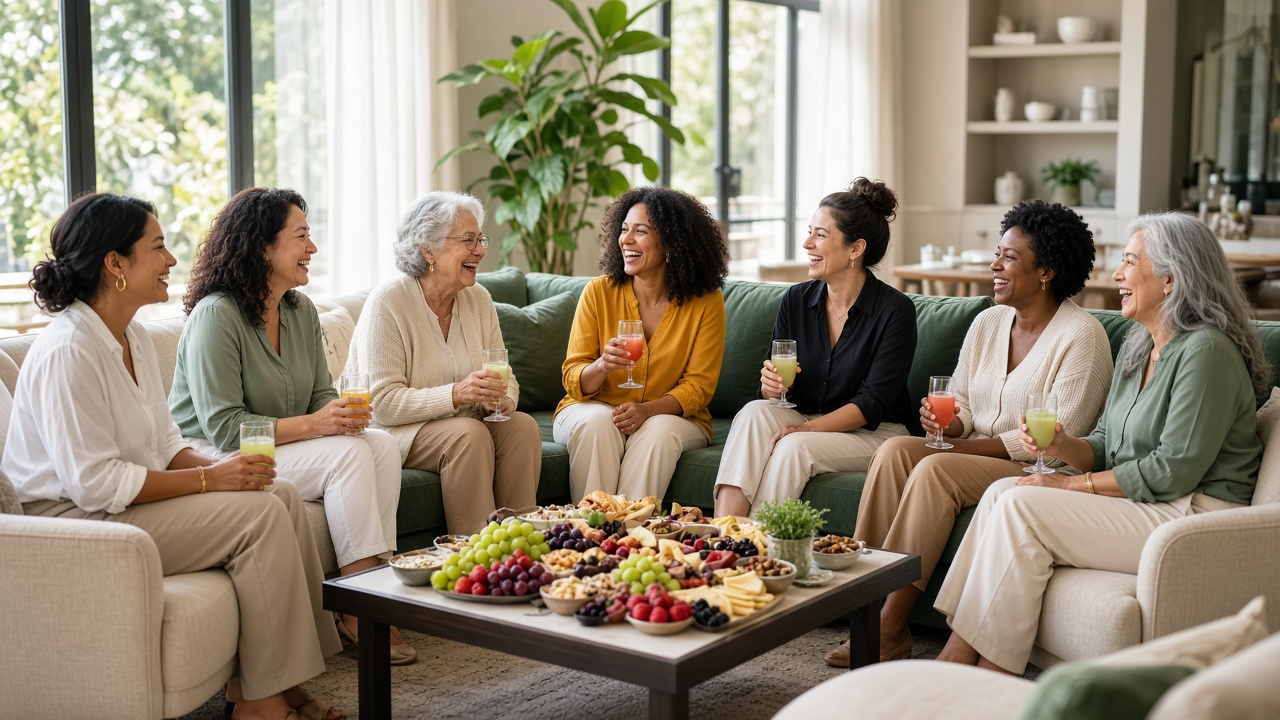 Eight women of different ages laughing on a green sectional around a table of fruit, cheese and mocktails