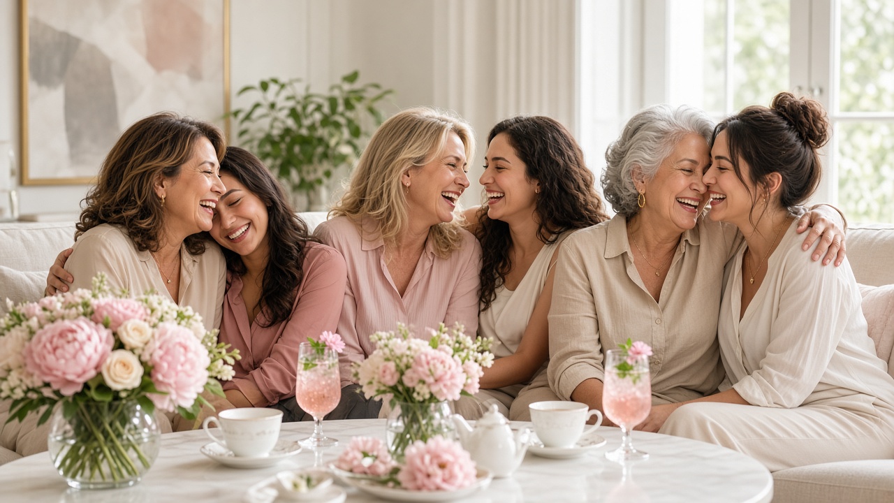 Mothers and adult daughters hugging on a sofa with peonies, tea cups and pink drinks at a Mother's Day party