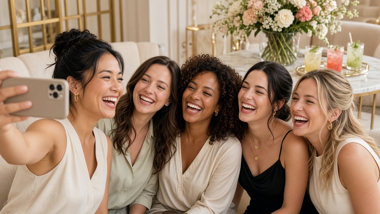 Five laughing women posing close together for a group selfie in a cream and gold lounge