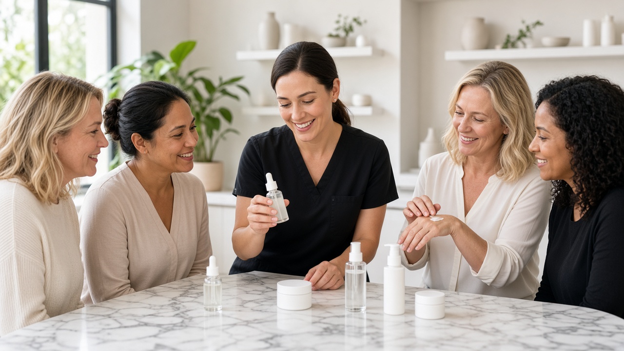 Provider in black scrubs showing an unlabeled serum to a group of women at a skincare party